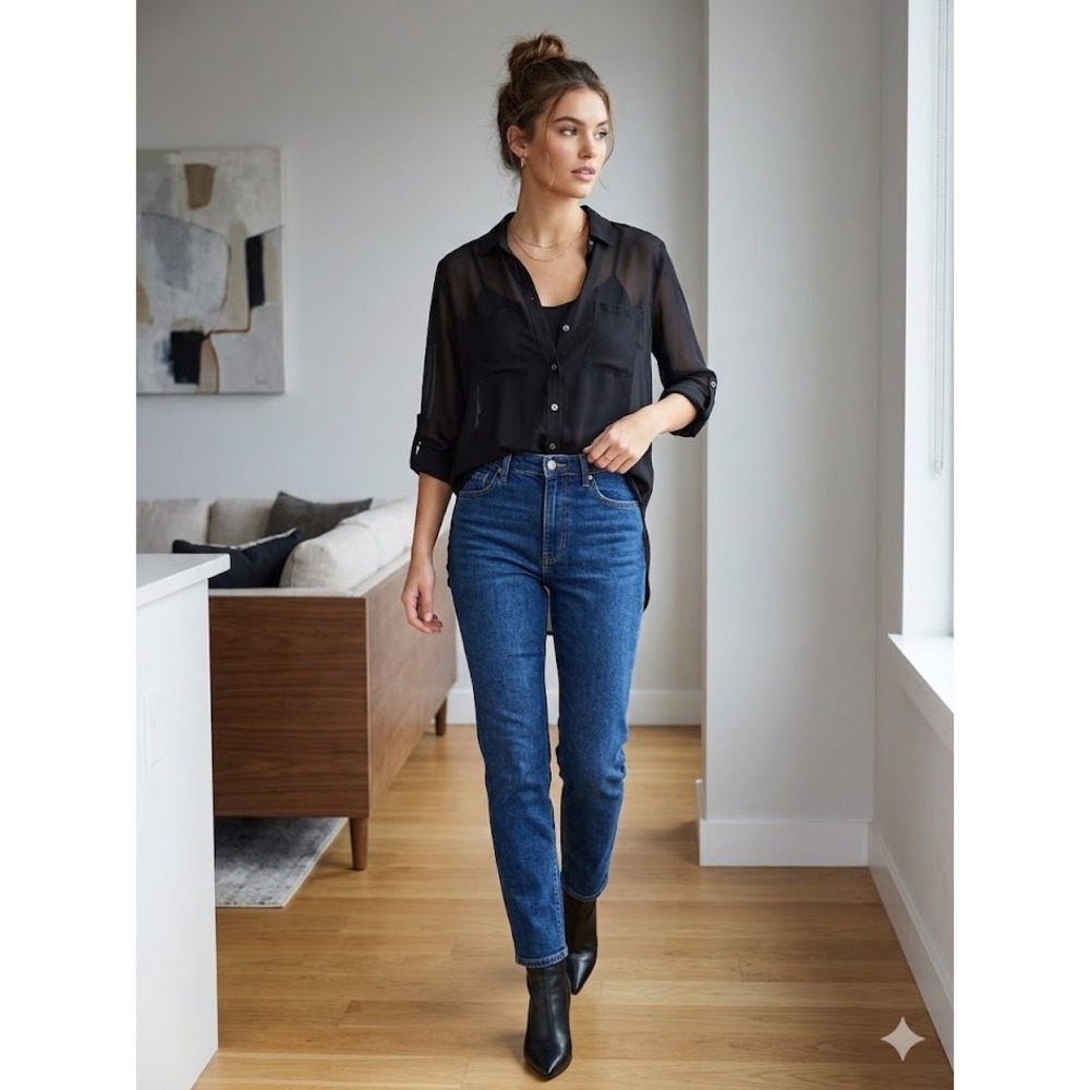 Victoria's Secret Black Sheer Oversized Button Down Blouse Roll Tab Sleeve Small